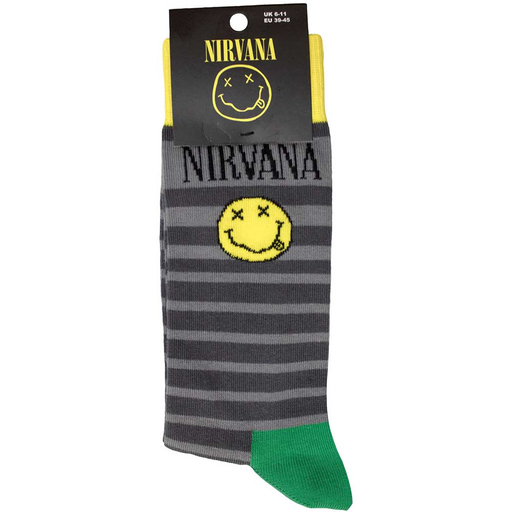 Image of Nirvana Unisex Terry Socks: Happy Face & Logo Stripes Rock Off